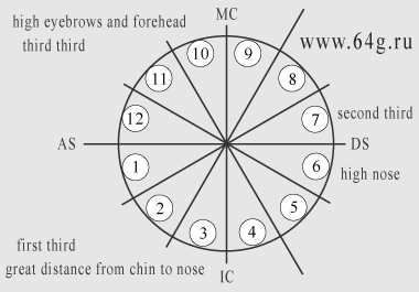 frontal facial perspectives in astrological houses of horoscopes and birth charts
