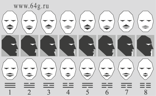 shapes of lips and chin in axes of facial coordinates with symbols i-jing